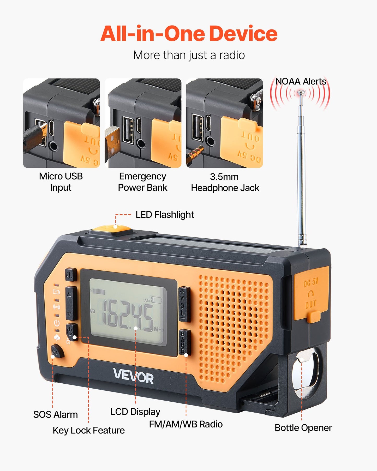 Radio de Emergencia Solar con Manivela NOAA – Alerta Climática, SOS y Linterna para Camping y Apagones
